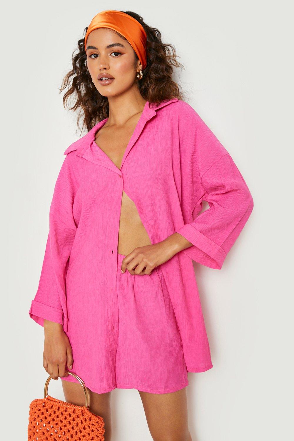 Image of Set camicia oversize effetto goffrato con trama & pantaloncini, Pink