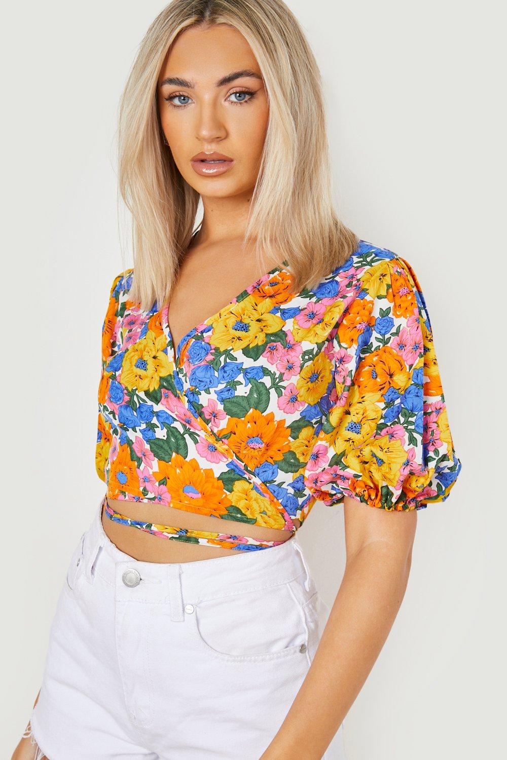 Womens Floral Puff Sleeve Tie Back Crop Top - White - 6, White