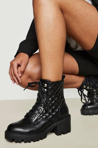 Stud Detail Quilted Heeled Hiker Boots