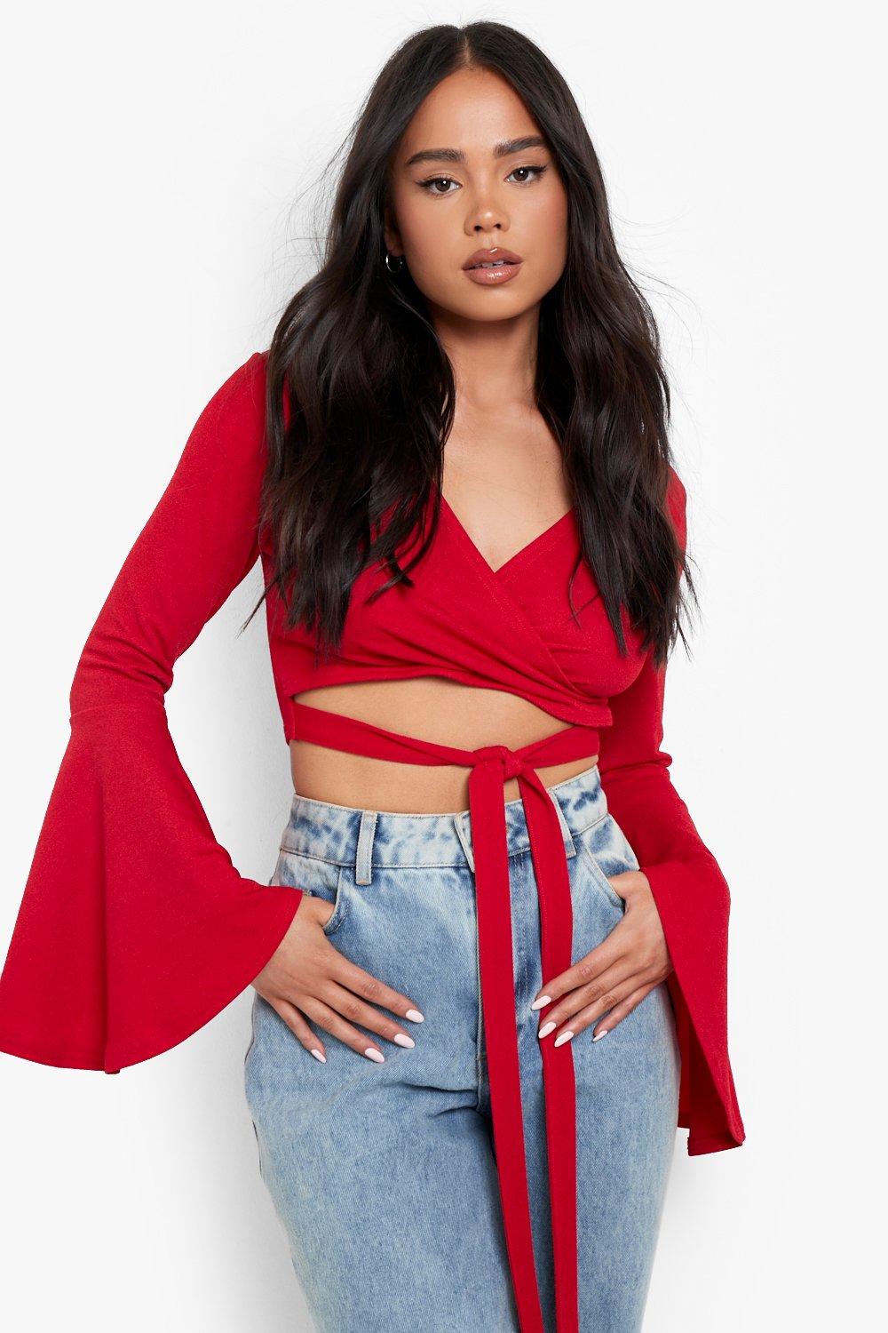 "Petite" - Crop Top Croise A Manches Evasees - Rouge