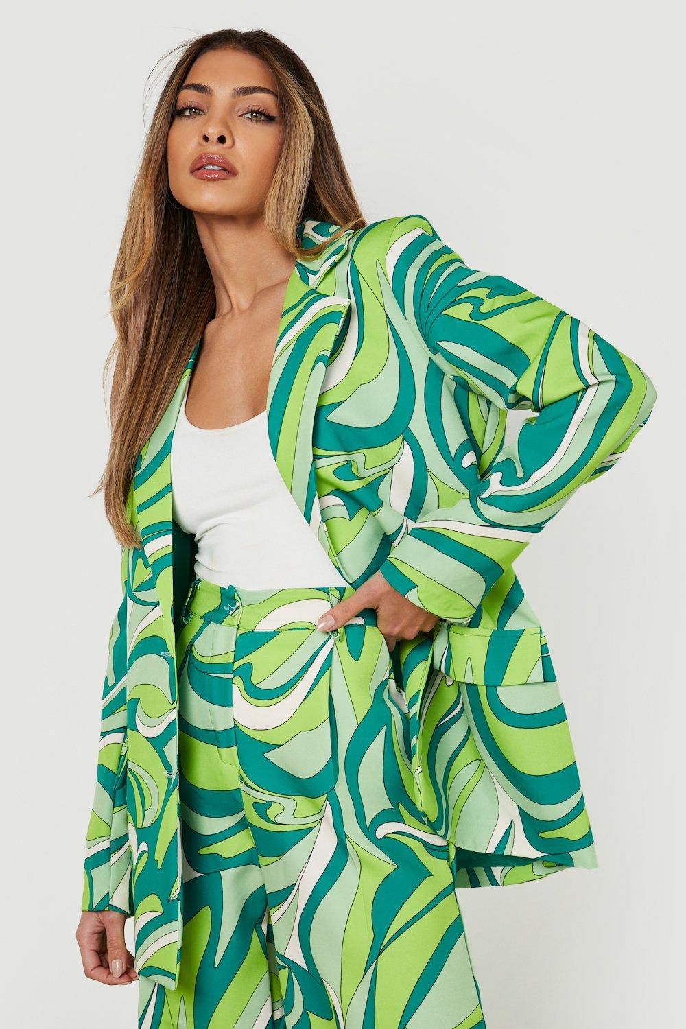 70s Outfits – 70s Style Ideas for Women Womens Abstract Print Tailored Blazer - Green - 10 $27.20 AT vintagedancer.com