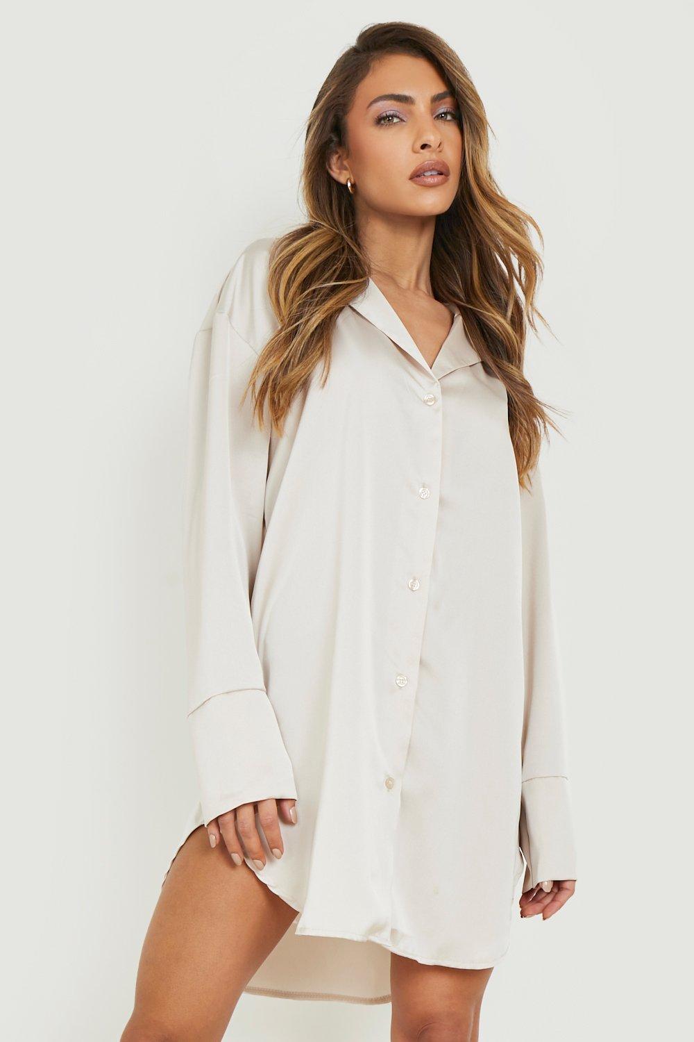 Image of Vestito camicia oversize in raso, Bianco