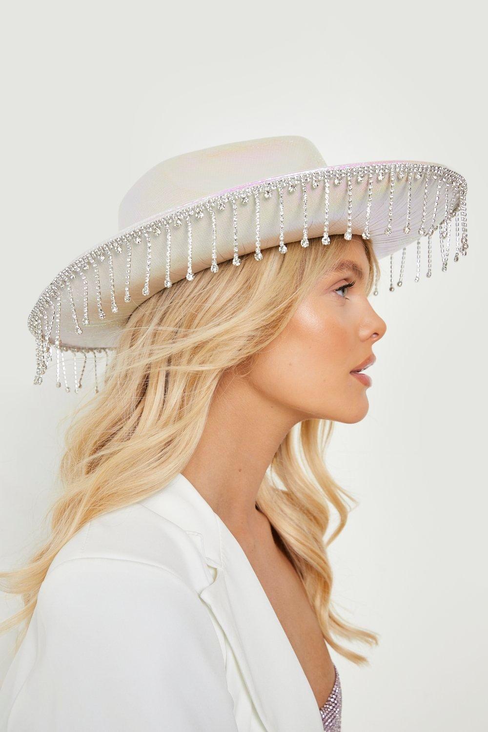 Womens White Diamante Tassel Trim Cowboy Hat One Size White