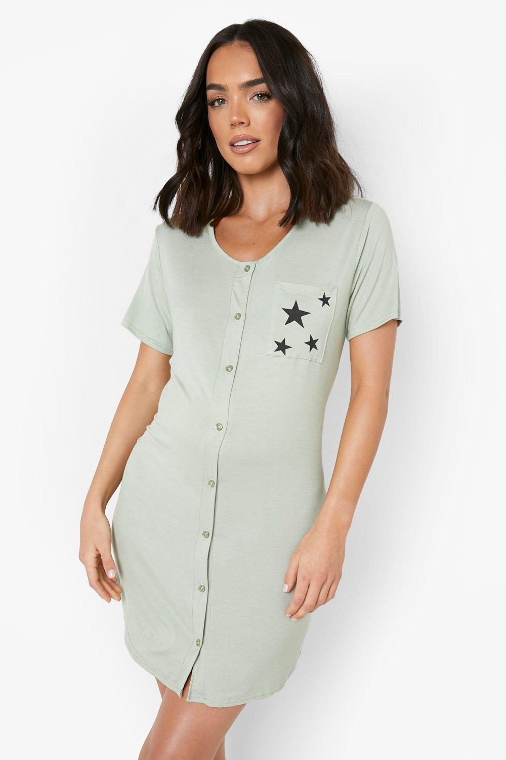 womens maternity star pocket print button nightie - green - 10, green