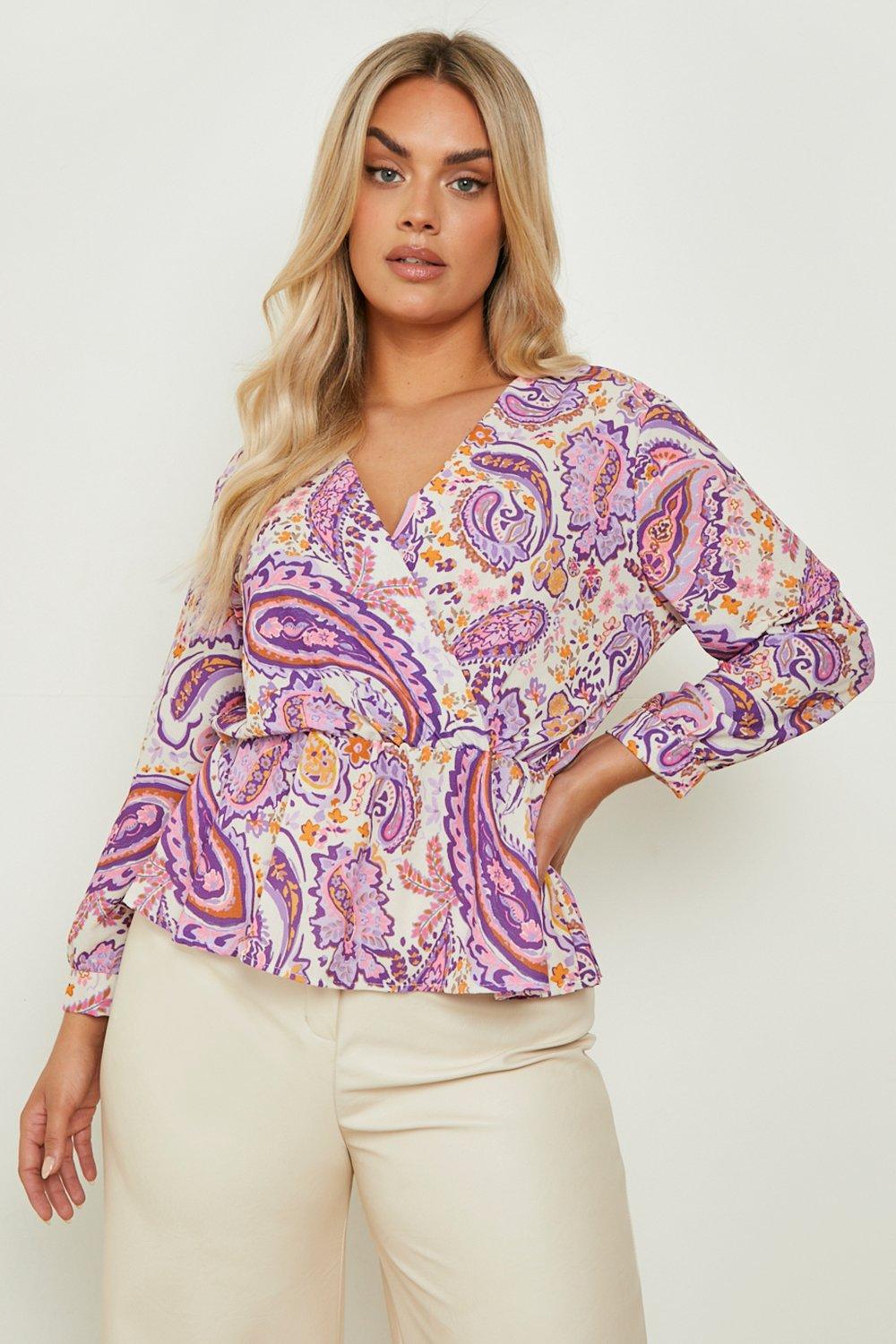 Boohoo Plus Paisley Peplum Blouse, Purple