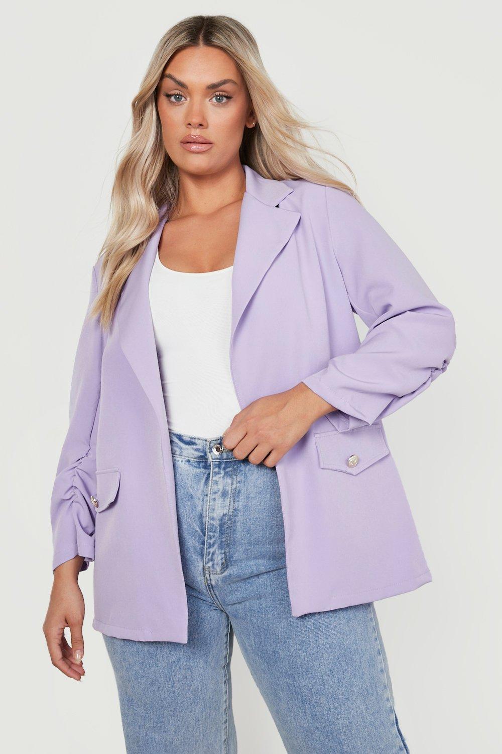 Womens Plus Statement Button Ruched Sleeve Blazer - Purple - 28, Purple