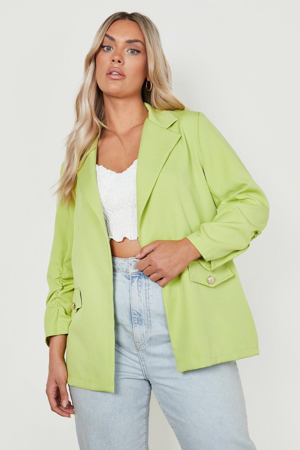Womens Plus Statement Button Ruched Sleeve Blazer - Green - 16, Green