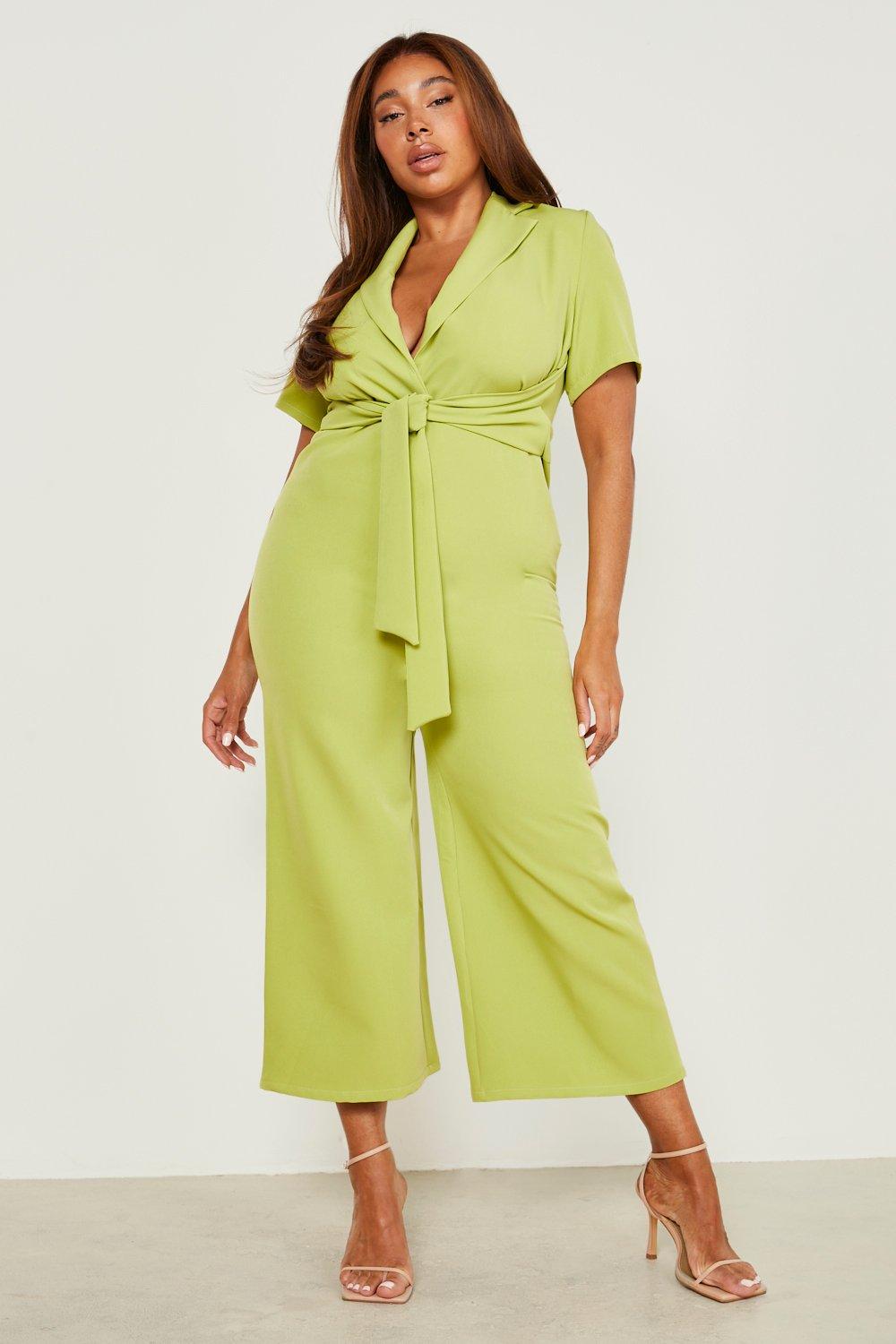 womens plus woven front knot culotte jumpsuit - green - 26, green