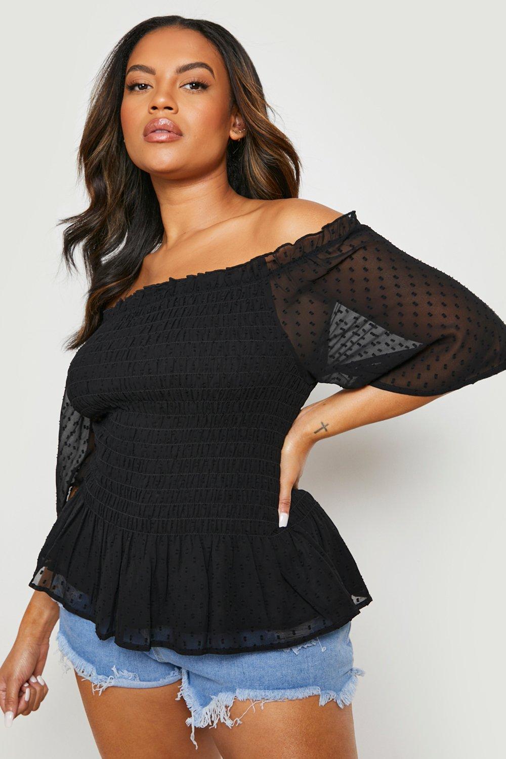 Boohoo Plus Geplooide Dobby Off Shoulder Top, Black