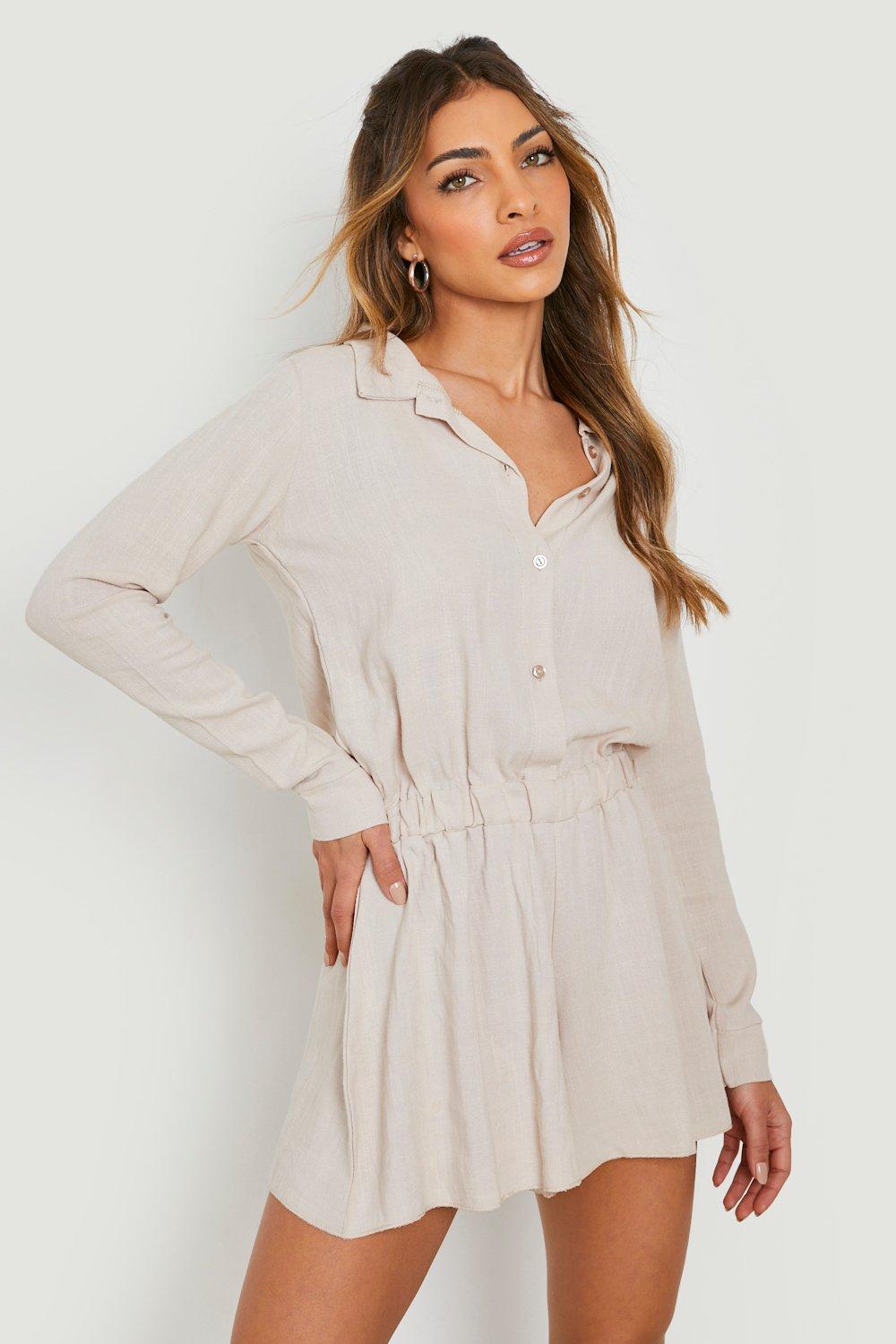 Combishort Ample Style Chemise Effet Lin - Blanc Écru - 40, Blanc Écru