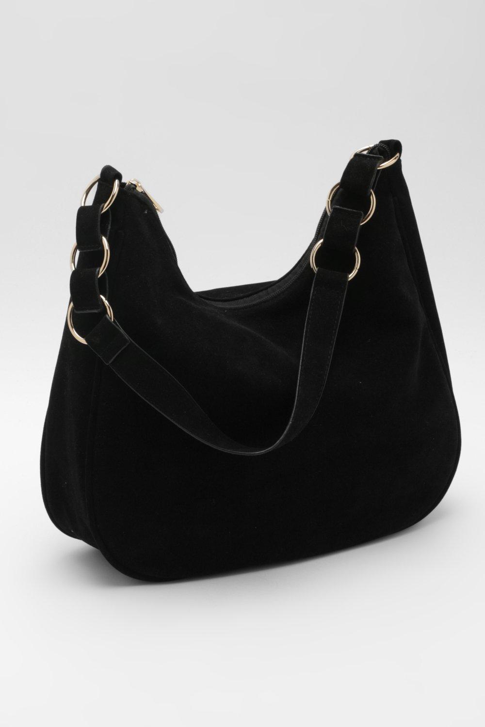 Womens Suede Link Shoulder Bag - Black - One Size, Black