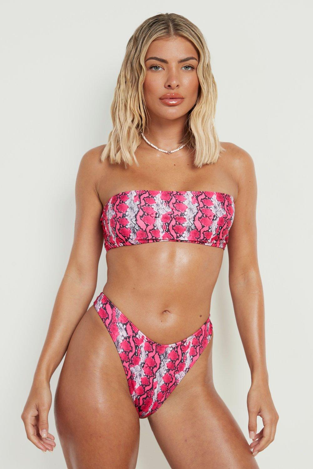 Boohoo Neon Slangenprint Bandeau Bikini Top, Neon-Pink