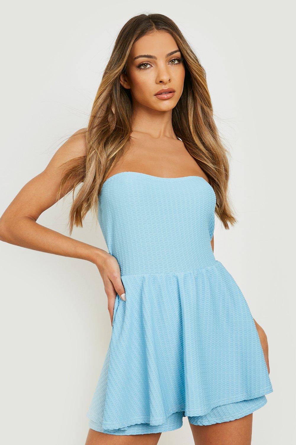 Combishort Texturé Style Bandeau À Attaches - Bleu - 36, Bleu