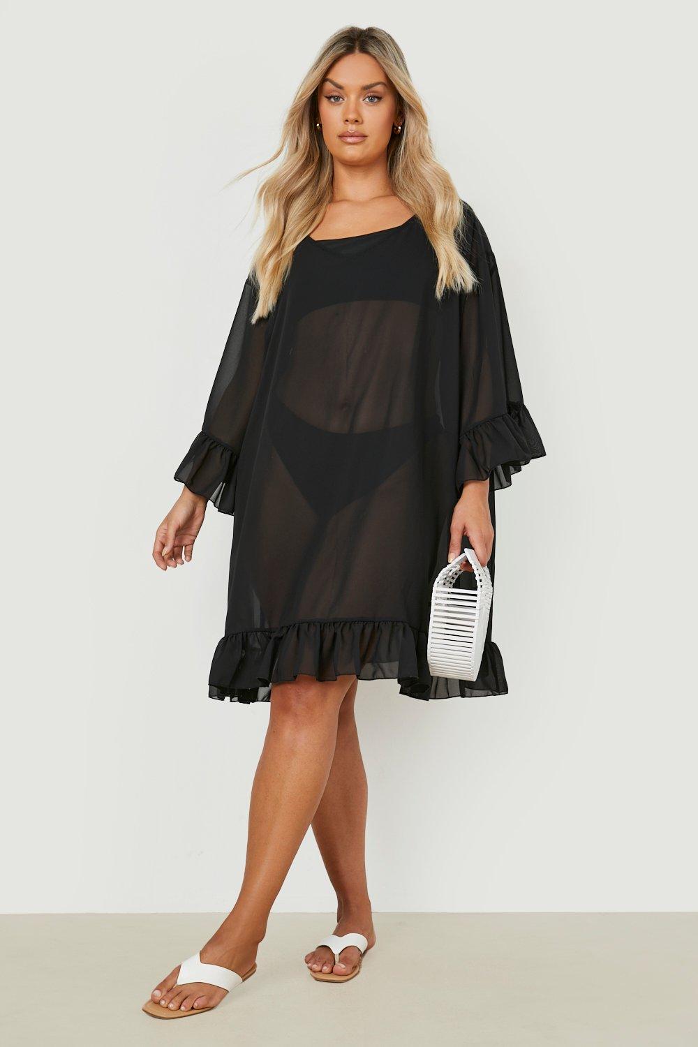 Boohoo Plus Strand Jurk Met Ruches, Black