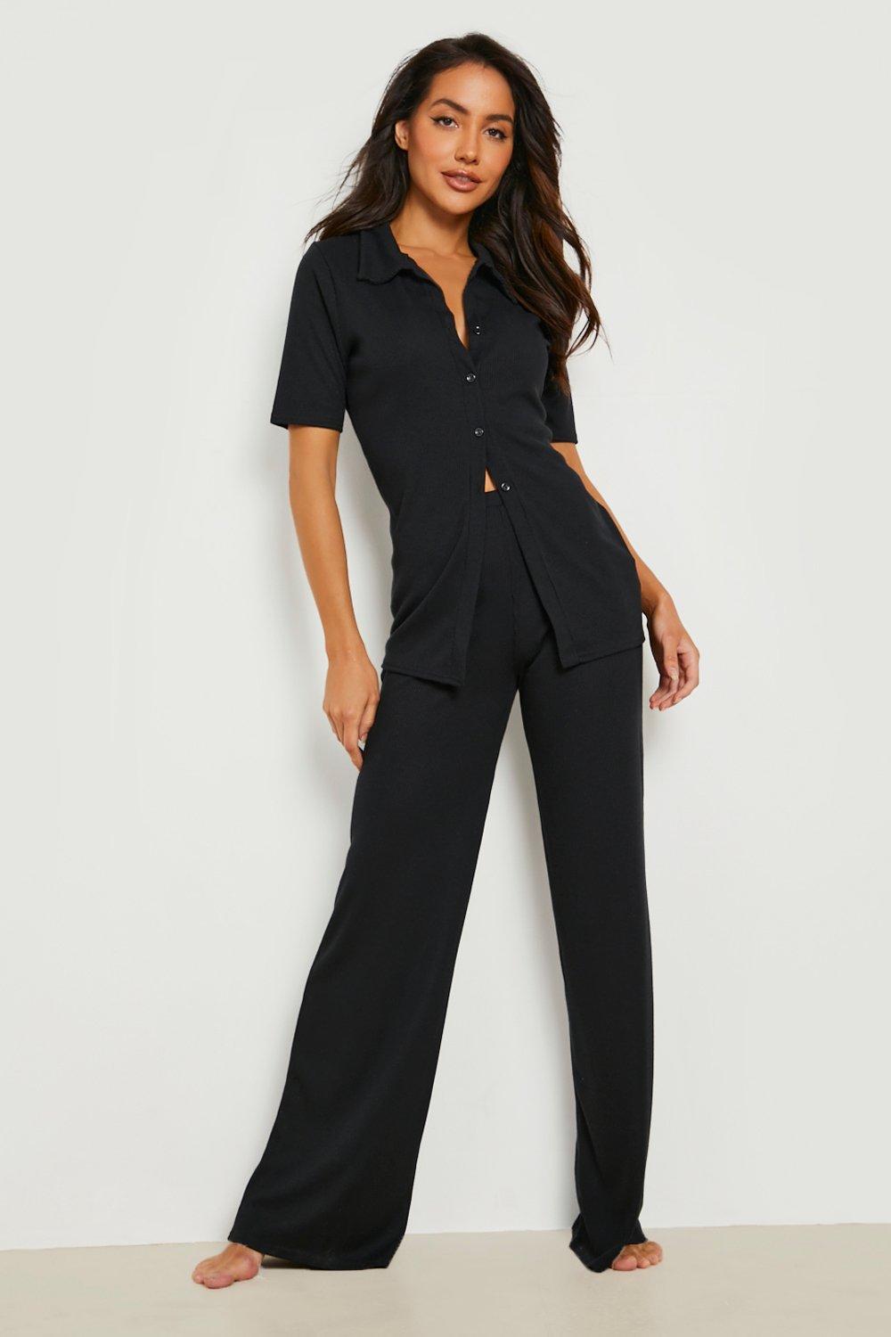 Womens Rib Collar Button Up Lounge Set - Black - 6, Black