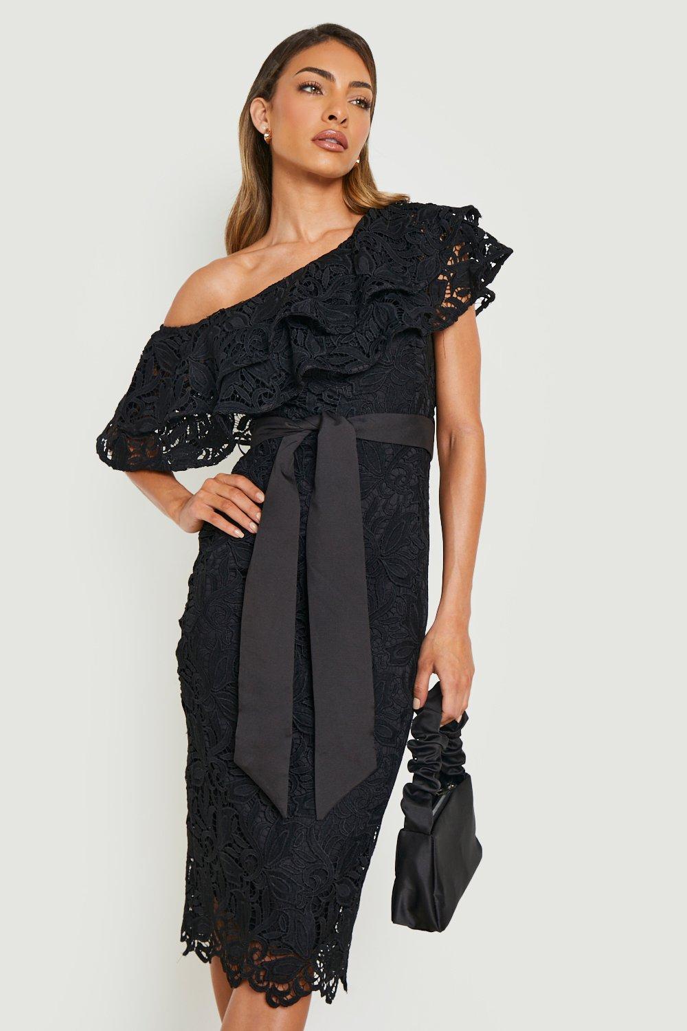 Vintage Style Dresses | Vintage Inspired Dresses Womens Crochet Lace Asymetric Frill Midi Dress - Black - 14 $38.00 AT vintagedancer.com