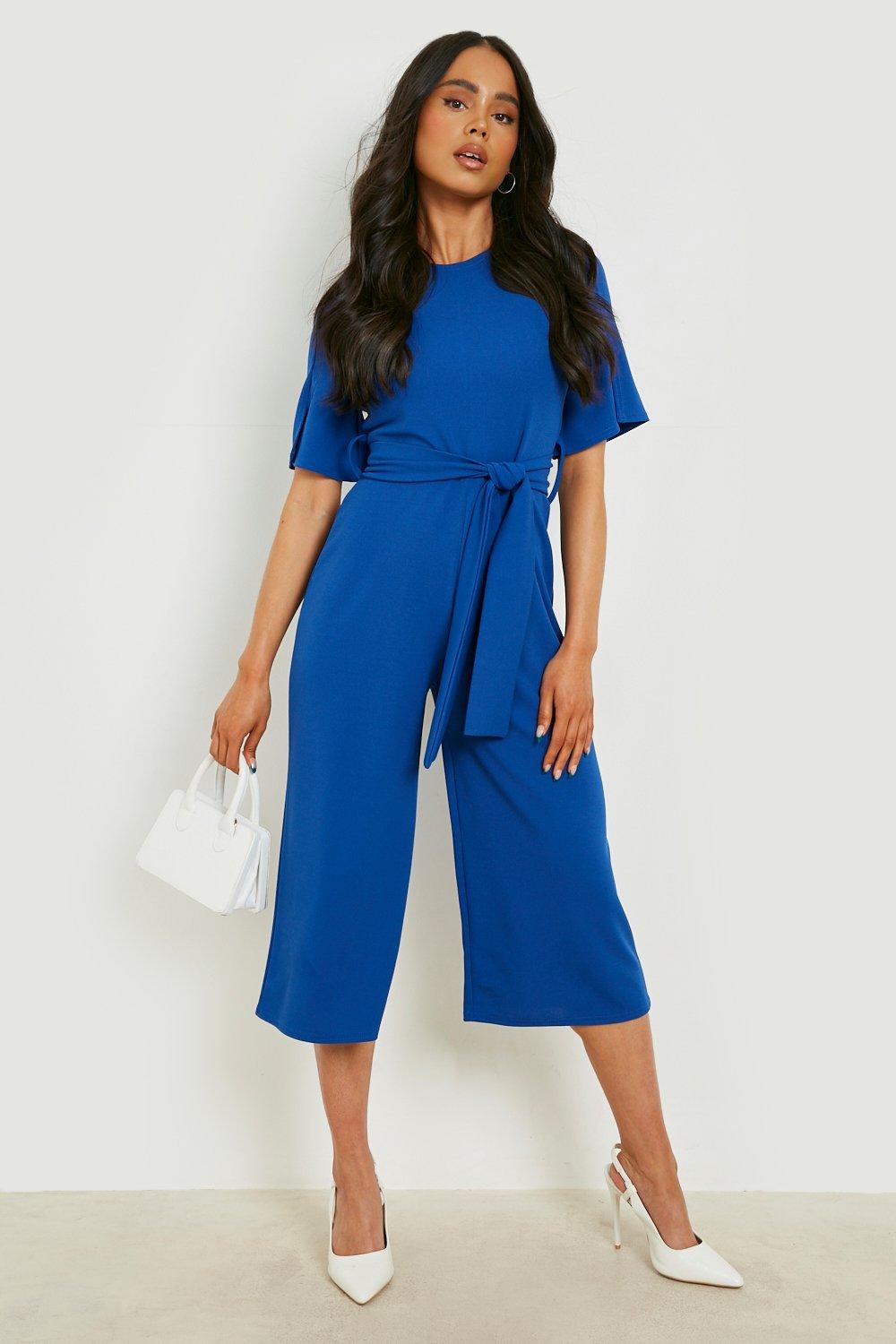 Womens Petite Belted Culotte Jumpsuit - Blue - 10, Blue
