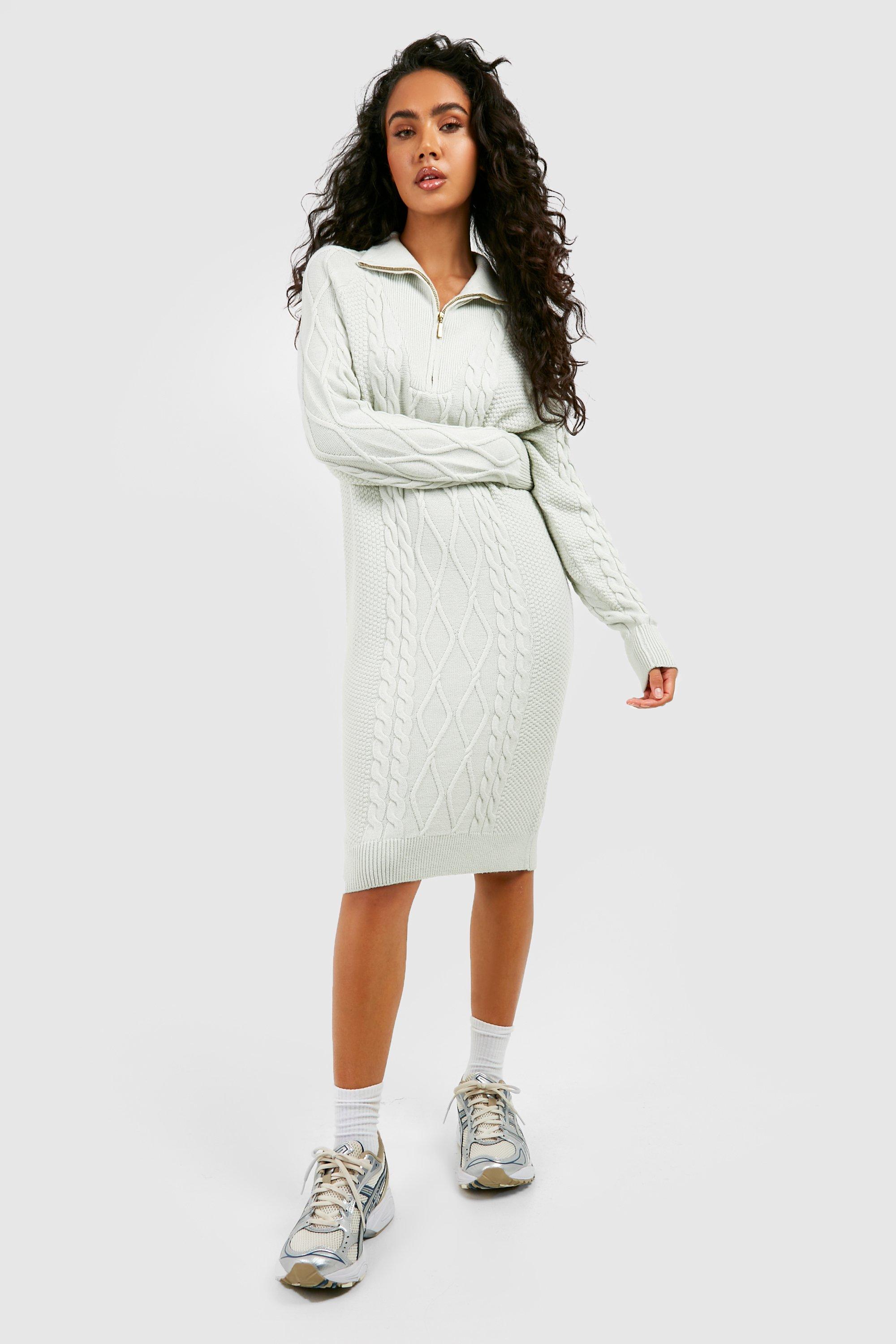 Boohoo Grof Gebreide Trui Jurk Met Korte Rits En Kraag, Silver