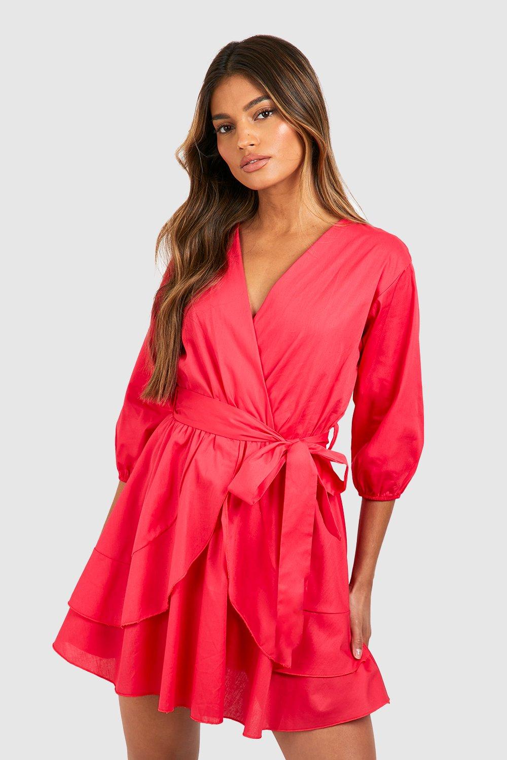 womens cotton ruffle belted skater dress - orange - 8, orange