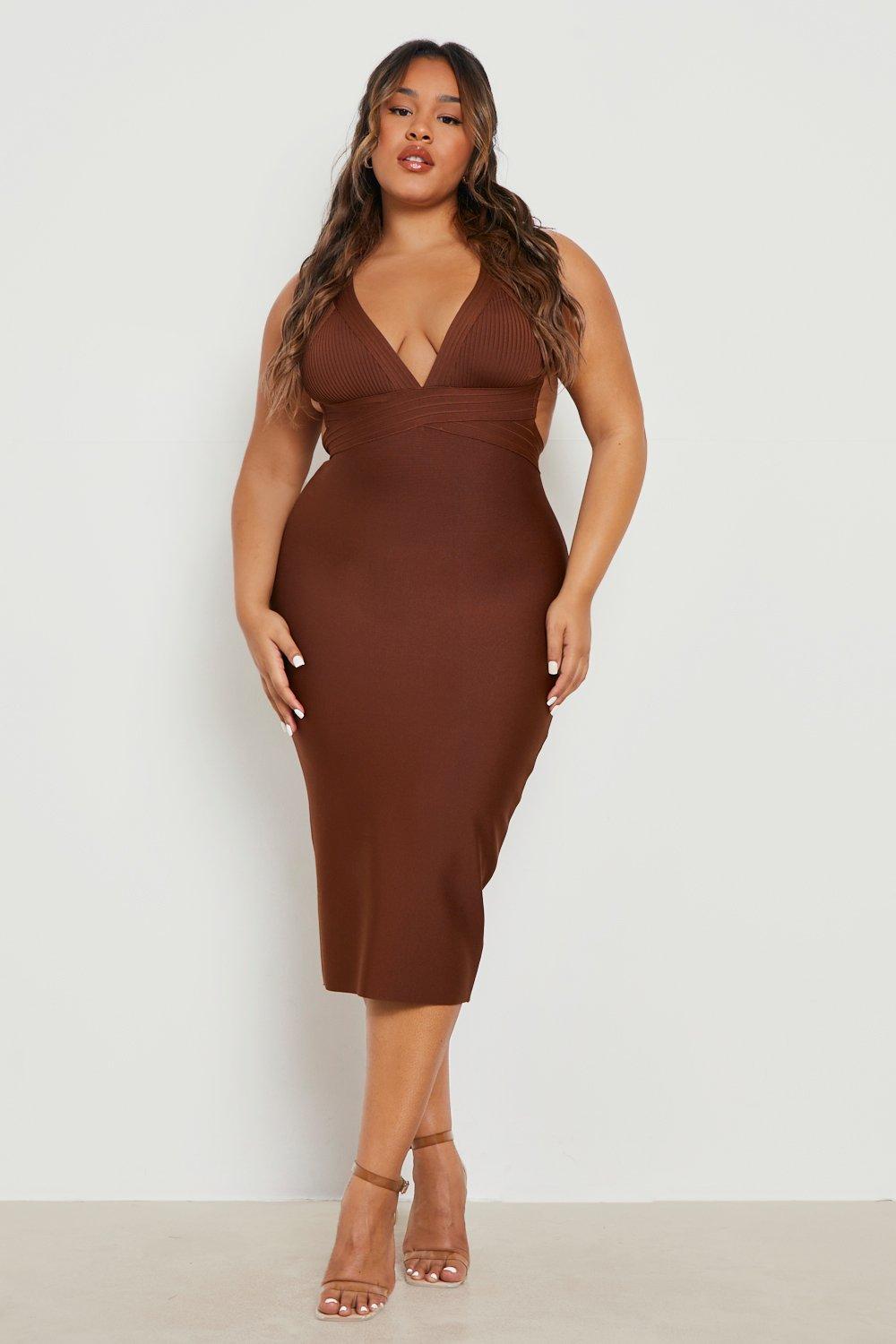 Plus Chocolate Brown Bandage Pointed Bandeau Panelled Bodycon Dress