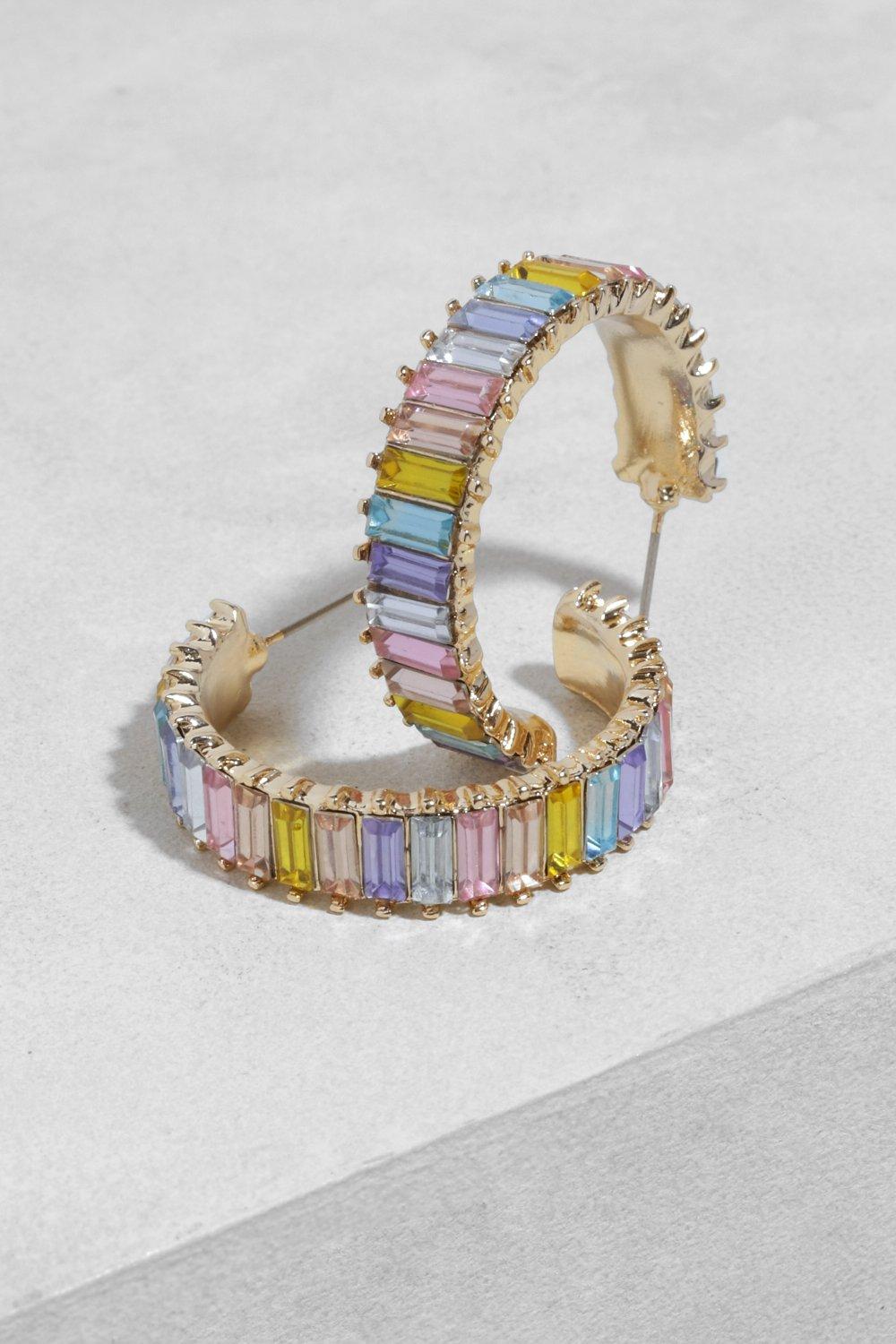 Womens Medium Rainbow Baguette Diamante Hoops - Multi - One Size, Multi