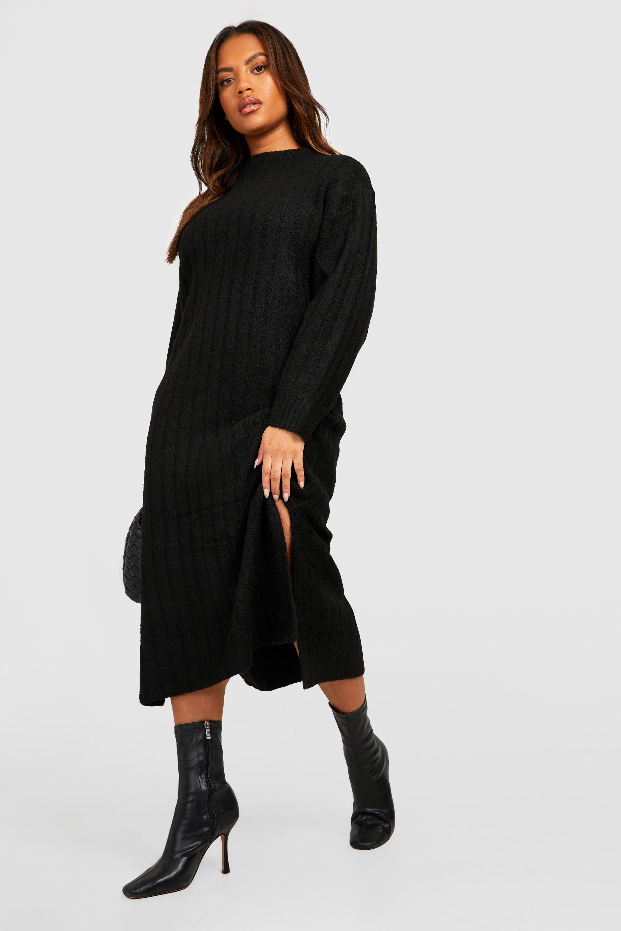 Image of Vestito longuette Plus Size in maglia morbida a coste spesse, Nero