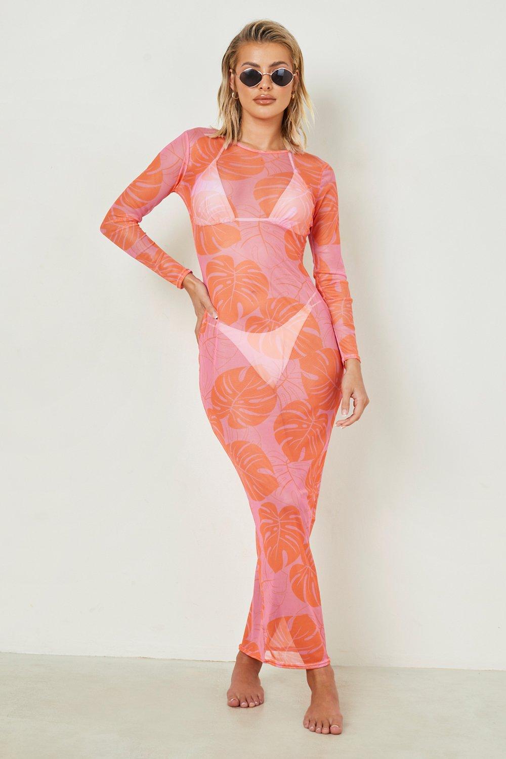Womens Tropical Mesh Cover Up Maxi Beach Dress - Pink - Xs, Pink