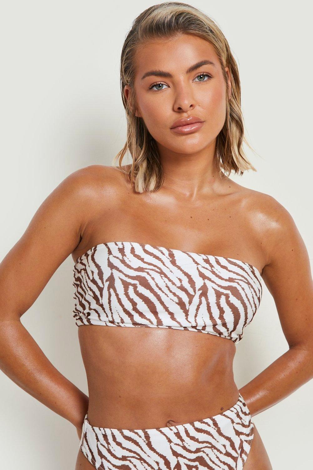 Image of Top bikini a fascia con stampa tigrata, Bianco