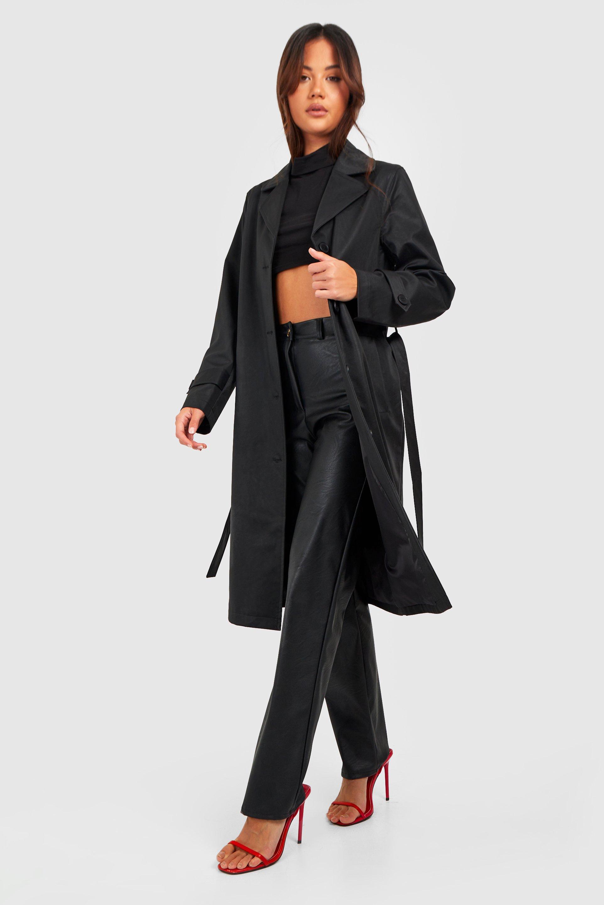 womens petite premium faux leather trench coat - black - 10, black