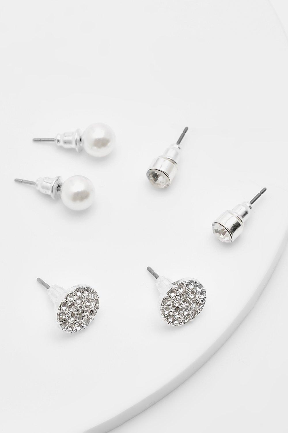 Image of Orecchini con finte perle e cristalli - set di 3 paia, Grigio