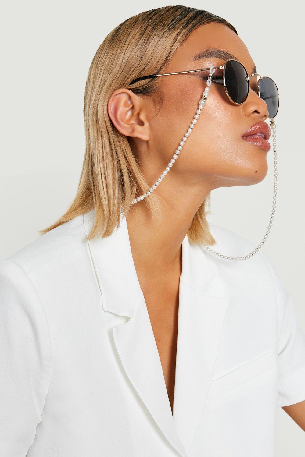 Image of Catena per occhiali da sole con finte perle, Bianco