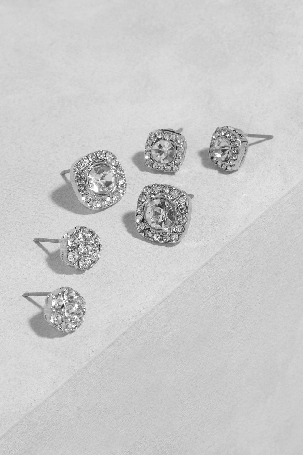 Womens Silver Square Diamante Stud 3 Pack - Grey - One Size, Grey