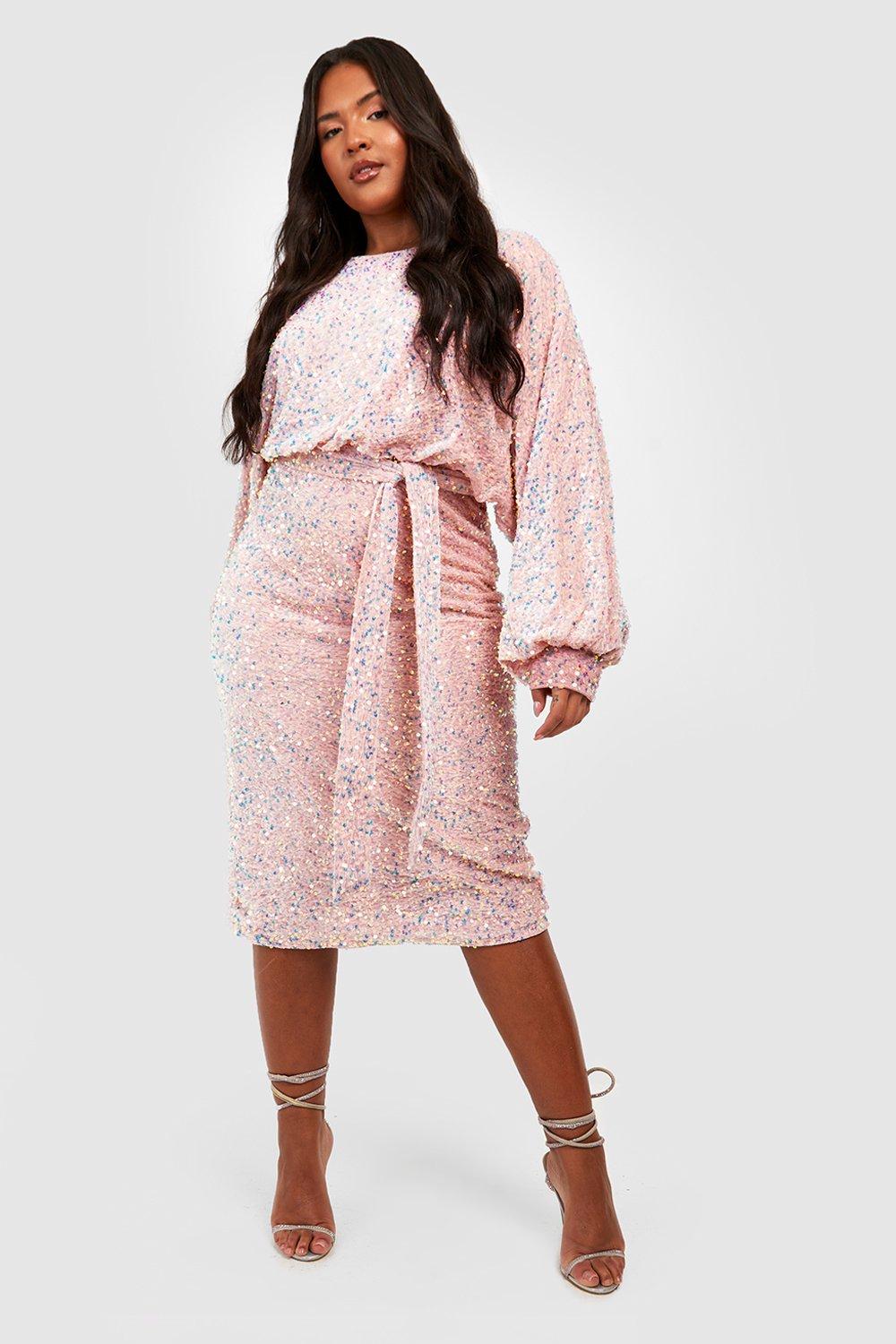womens plus velvet sequin blouson belted midi dress - pink - 20, pink