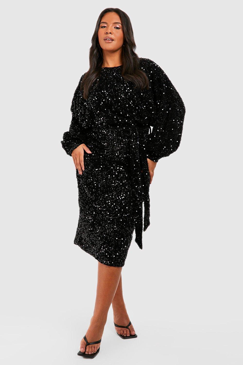 70s Prom, Formal, Evening, Party Dresses Womens Plus Velvet Sequin Blouson Belted Midi Dress - Black - 22 $75.00 AT vintagedancer.com