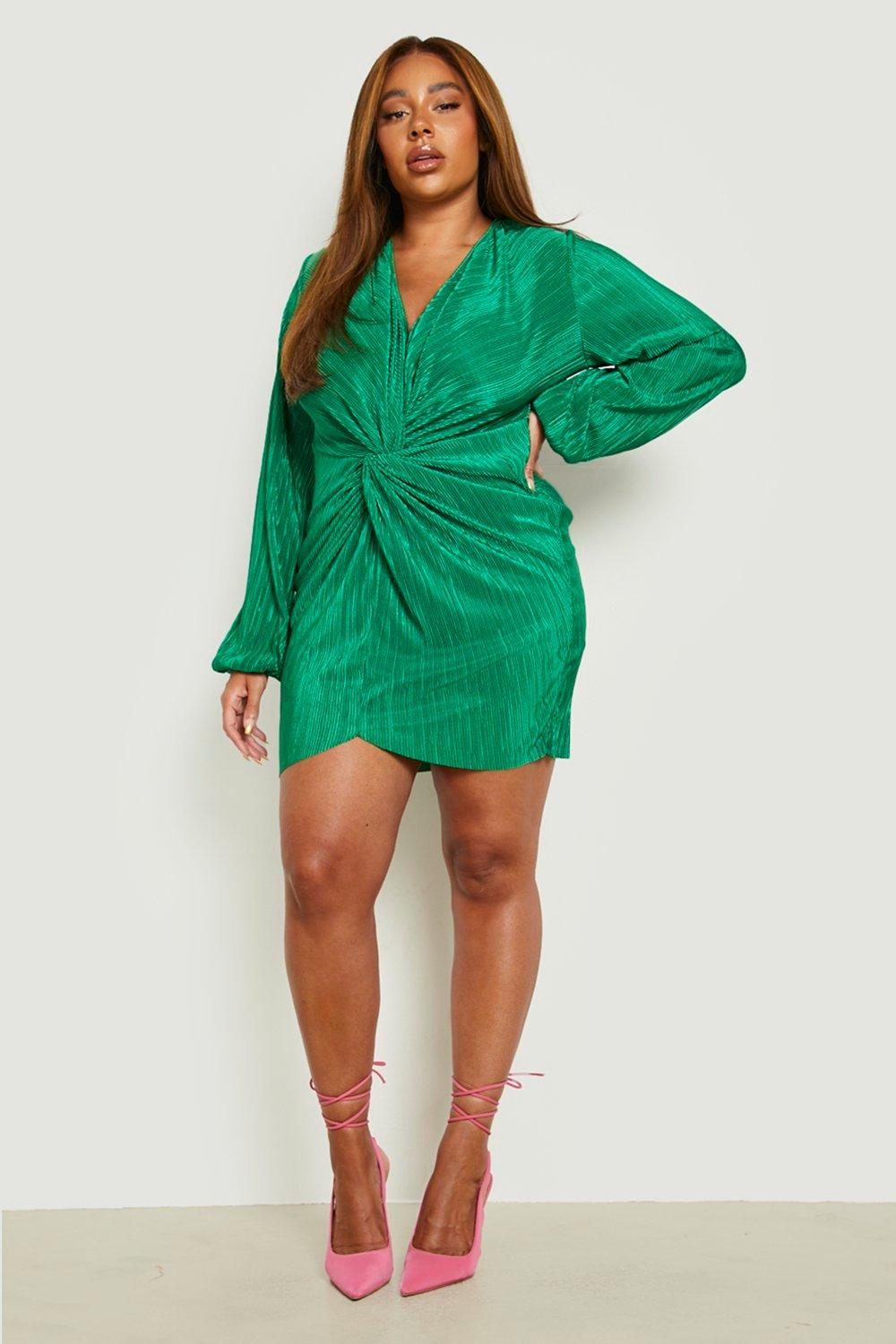 womens plus plisse twist front dress - green - 28, green
