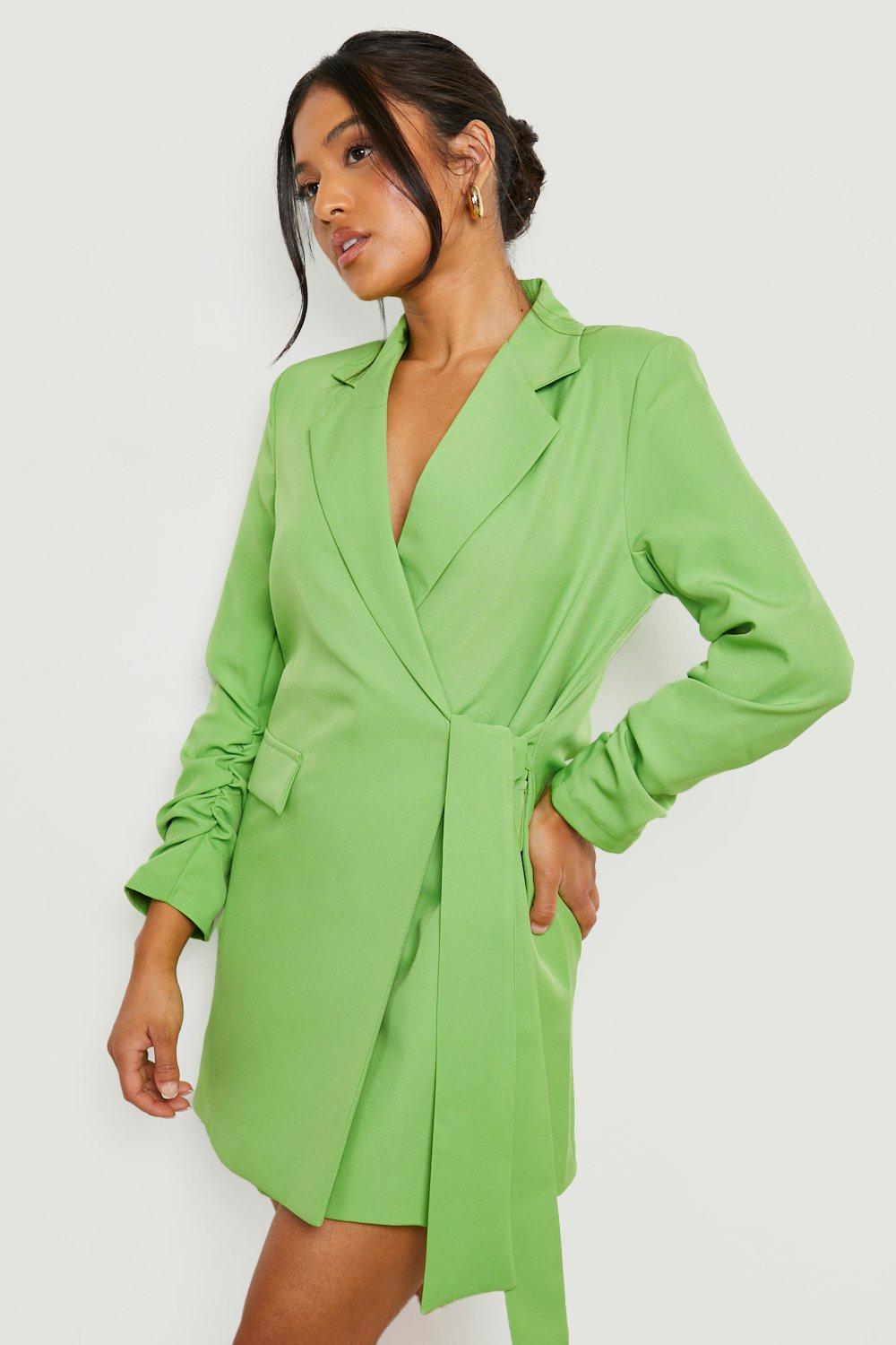 Womens Petite Ruched Sleeve Wrap Blazer Dress - Green - 6, Green