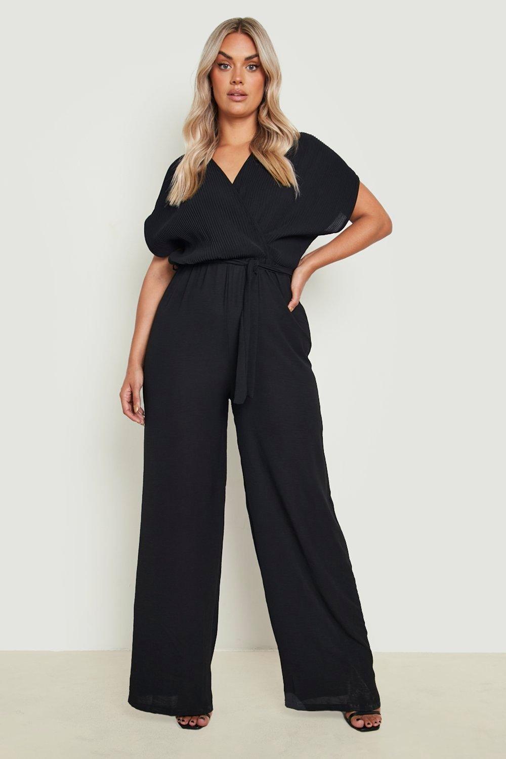 Womens Plus Plisse Tie Belt Tapered Trouser Jumpsuit - Black - 22, Black