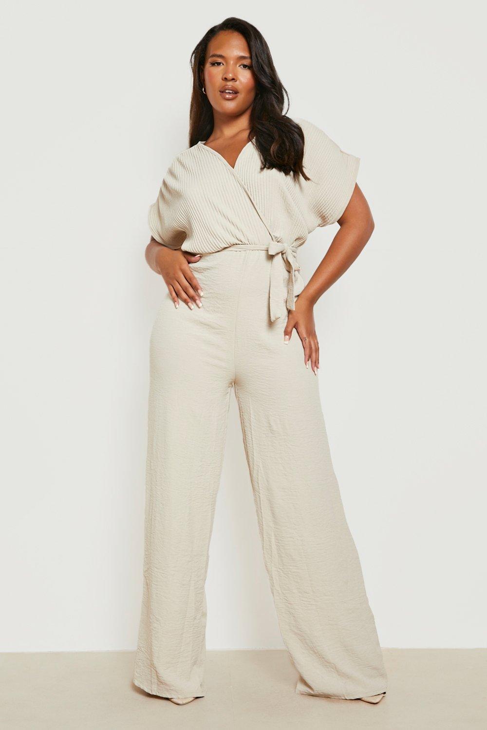 Womens Plus Plisse Tie Belt Tapered Trouser Jumpsuit - Beige - 22, Beige