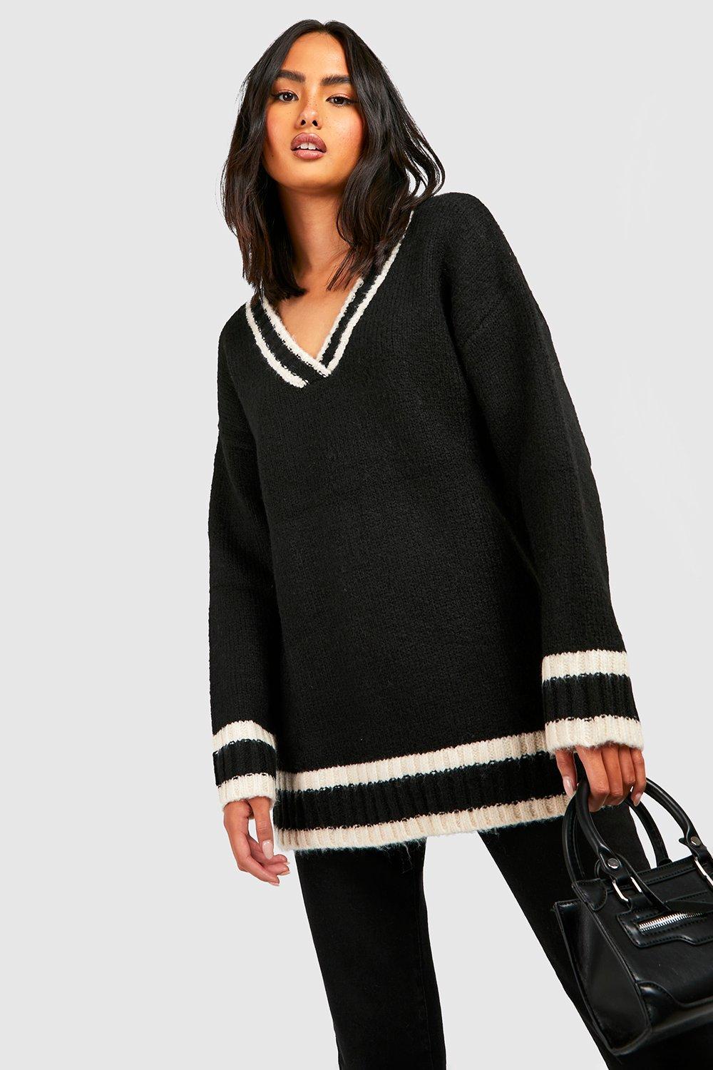 Womens Deep V Knitted Cricket Jumper - Black - S, Black