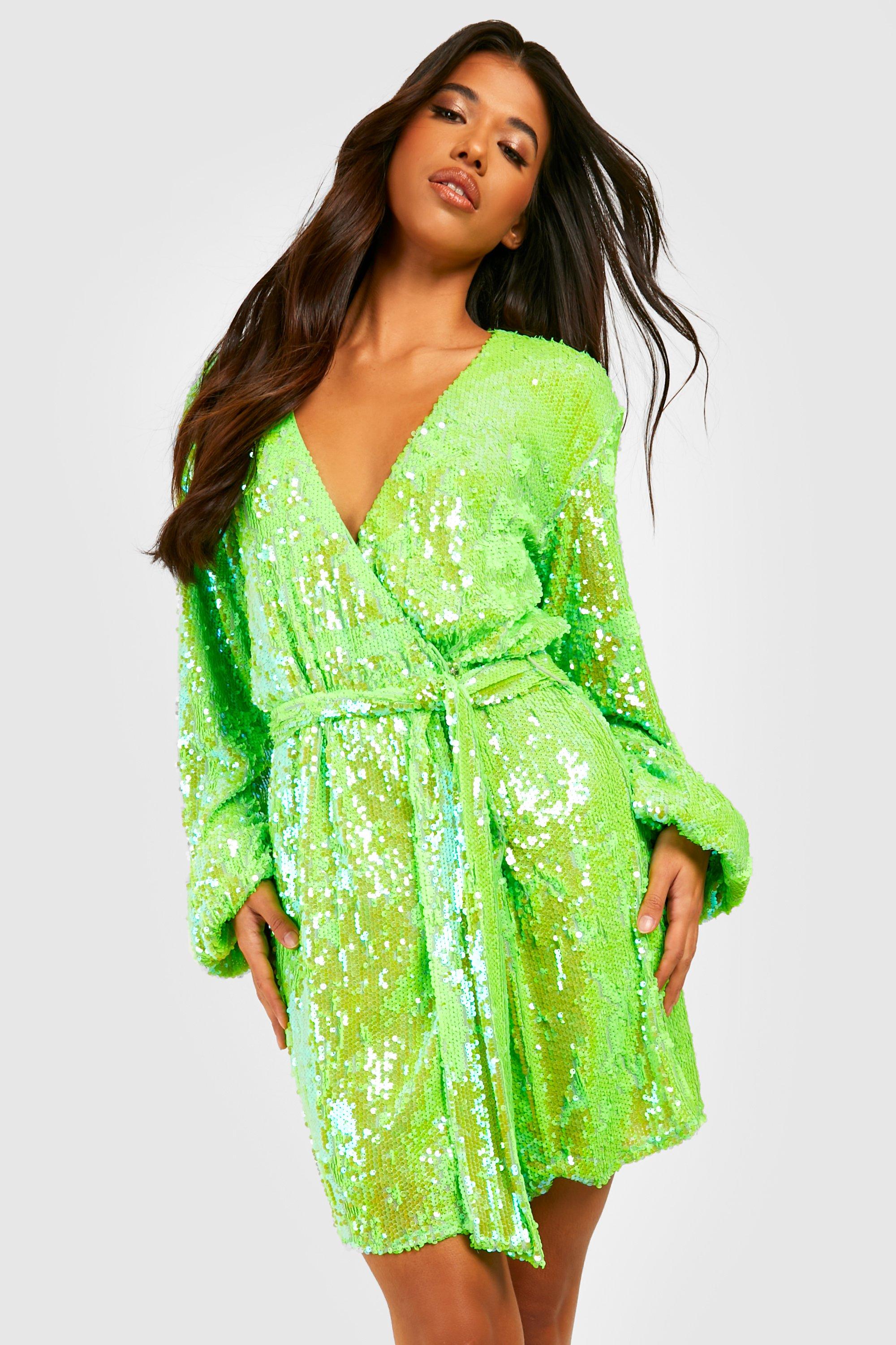 Womens Tall Bright Wrap Over Sequin Dress - Green - 8, Green