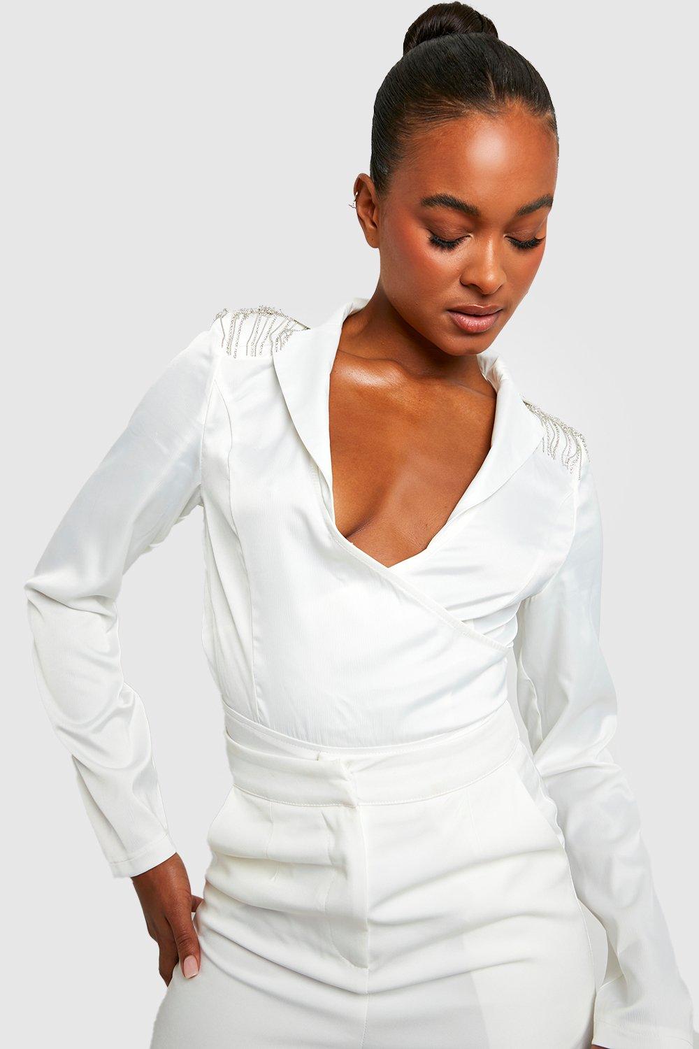 Tall Diamante Trim Bodysuit, Bianco