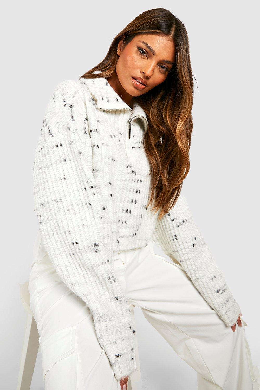 Womens Soft Knit Nep Yarn Half Zip Collar Jumper - Cream - S, Cream