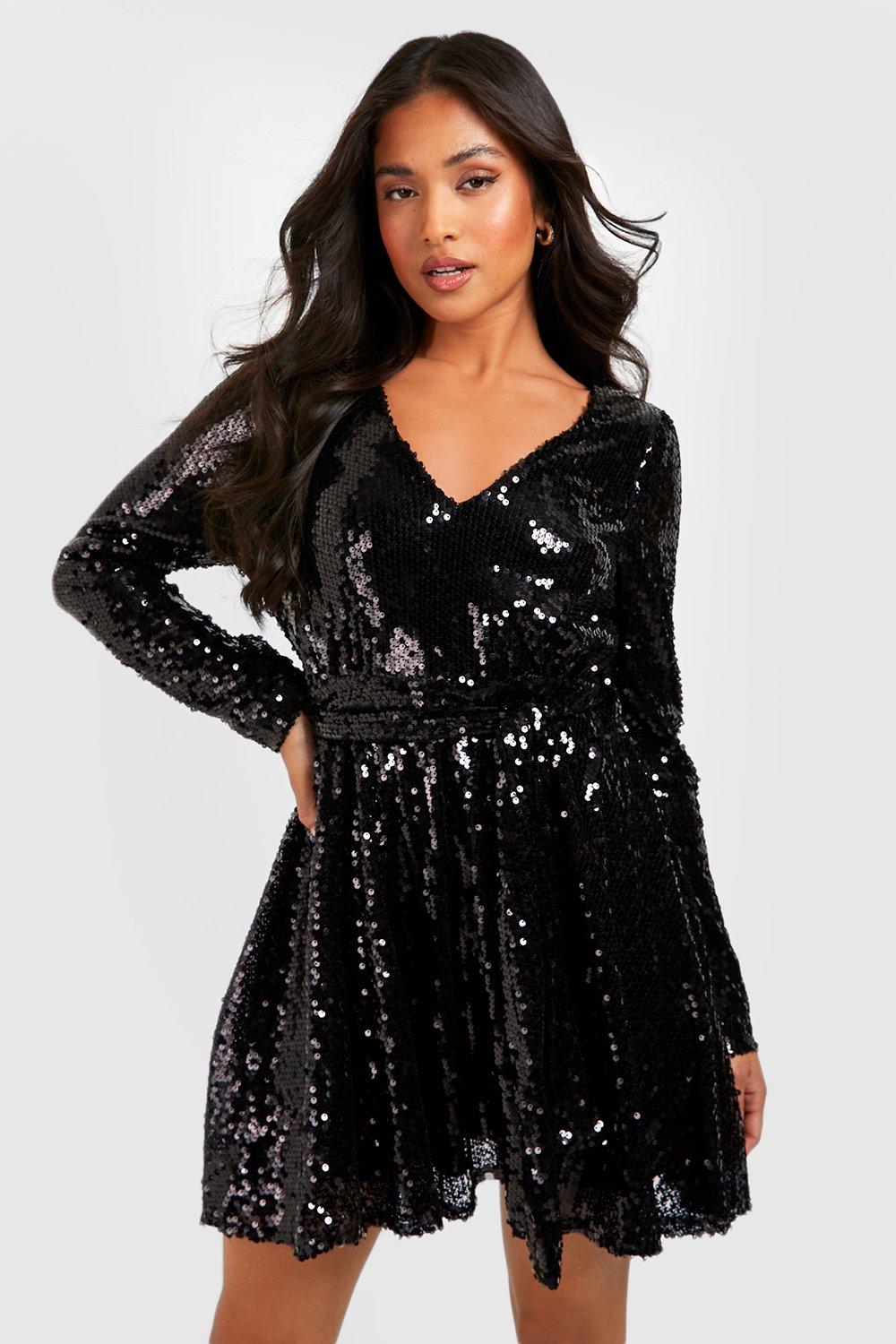Womens Petite Sequin Wrap Belted Skater Dress - Black - 8, Black