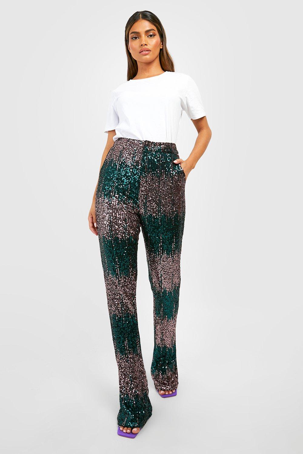 womens festival ombre sequin flared trousers - green - 6, green