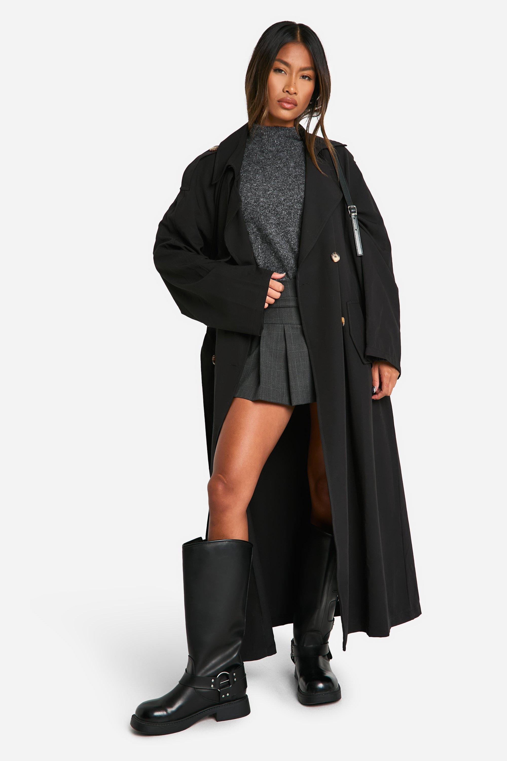 Womens Double Breasted Trench Coat - Black - 12, Black
