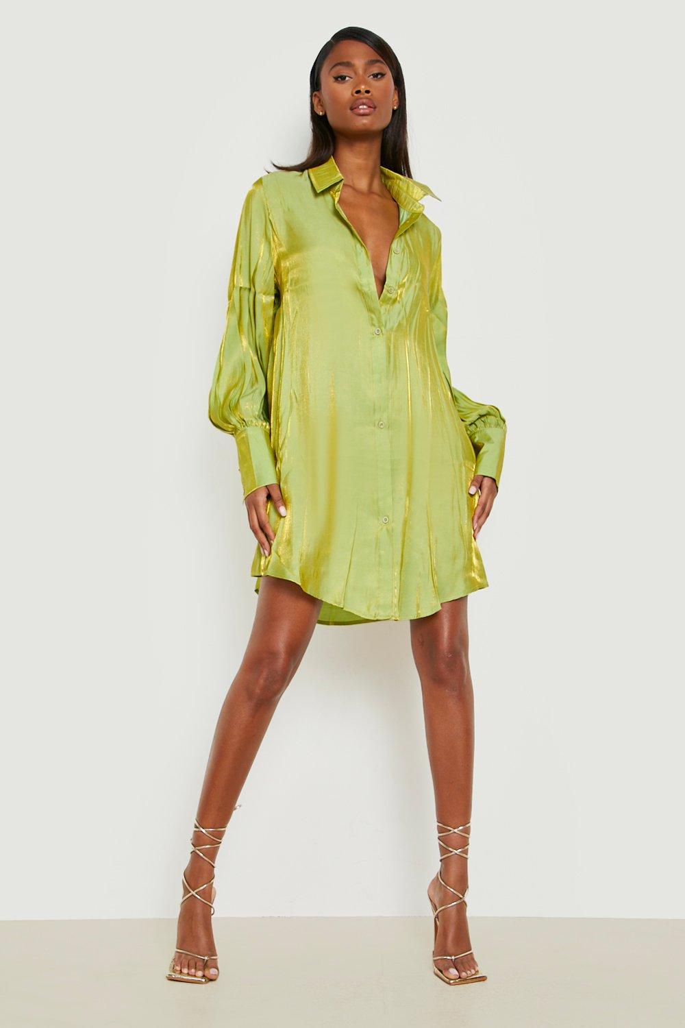 Image of Vestito camicia oversize effetto lucido con maniche ampie, Verde