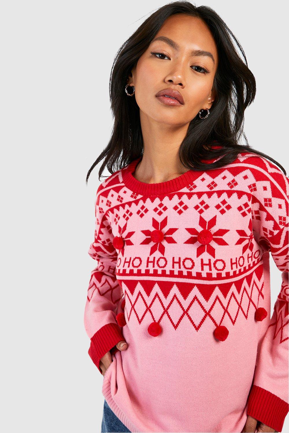 Womens Ho Ho Ho Pom Pom Christmas Jumper - Pink - S, Pink