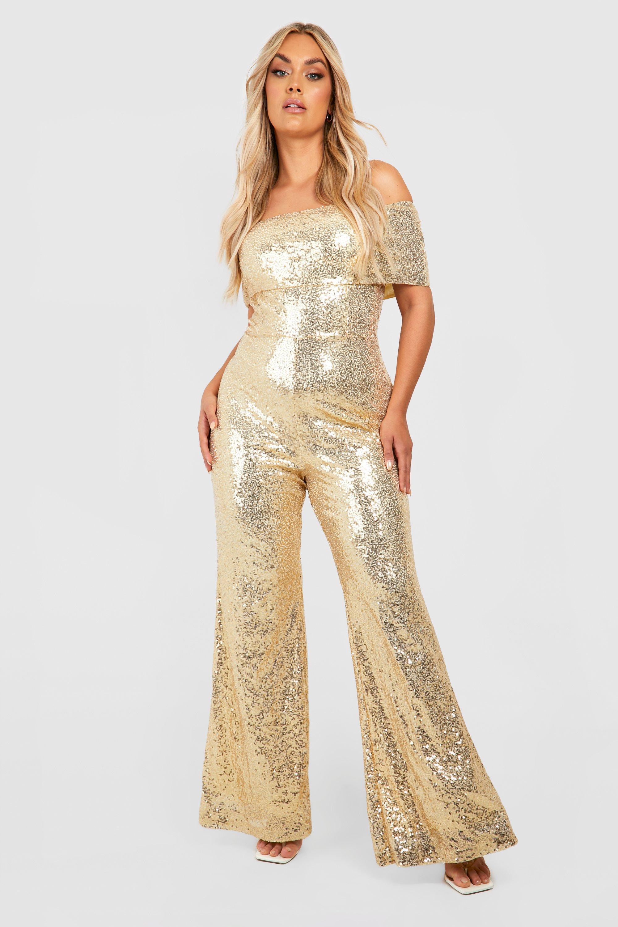 Boohoo Plus Off Shoulder Glitter Jumpsuit Met Pailletten, Gold