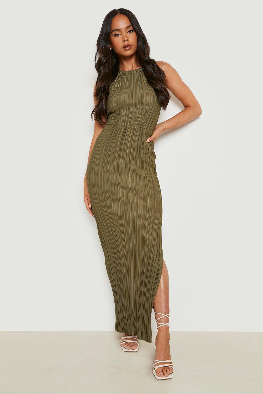 Boohoo Petite Geplooide Maxi Jurk Met Hoge Split, Khaki