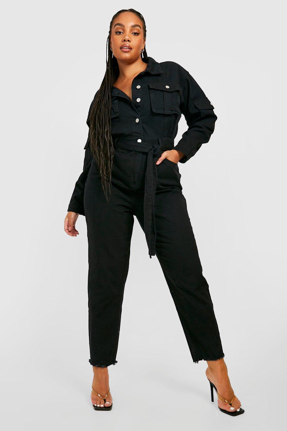 Womens Plus Belted Tapered Cargo Denim Boilersuit - Black - 18, Black